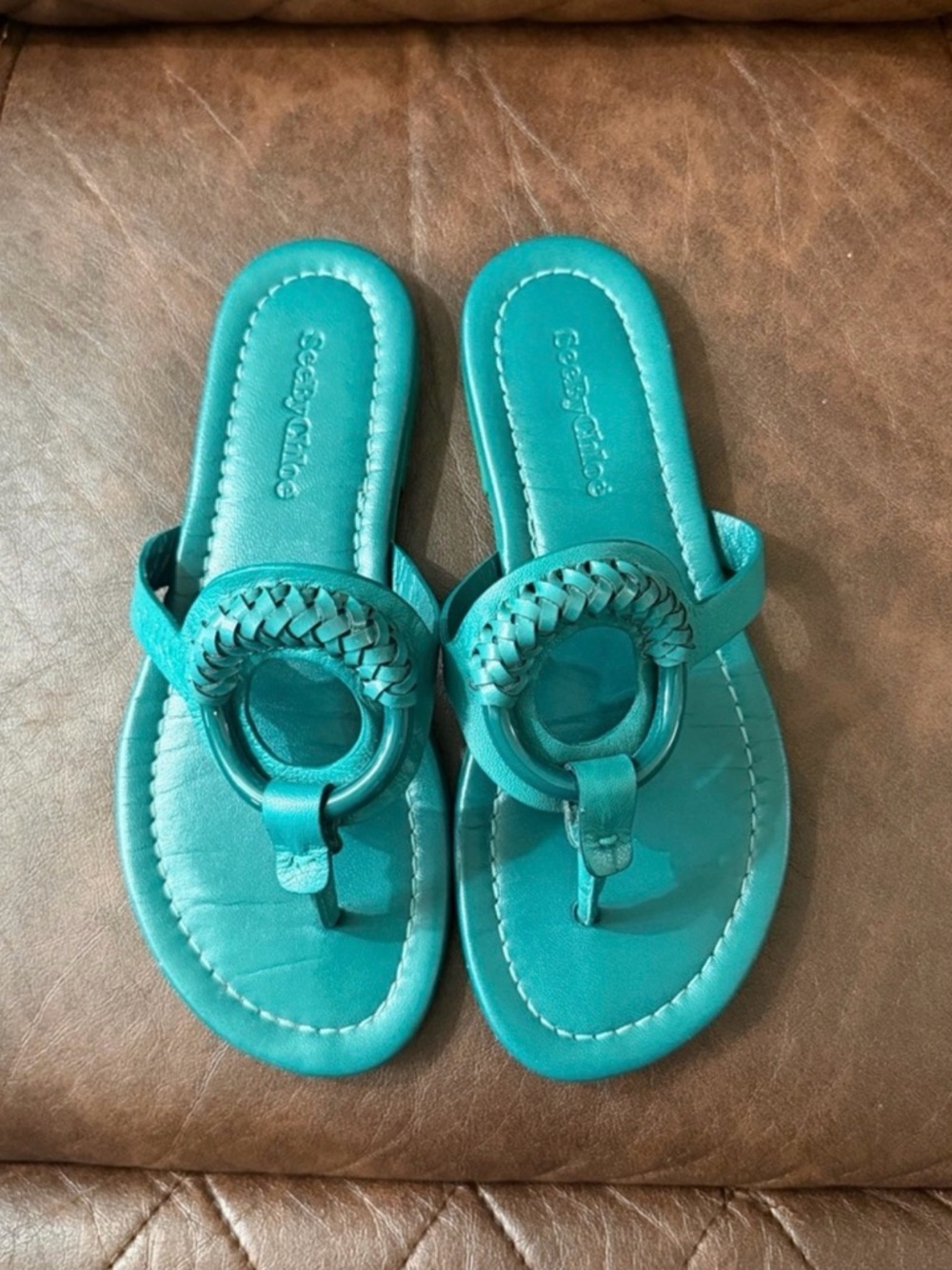 See By Chloé Green Hana Braided Ring Thong Sandals- Made in Spain